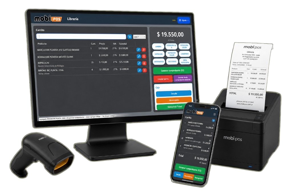 mobiPOS en computadora, celular, lector de código de barras e impresora de tickets